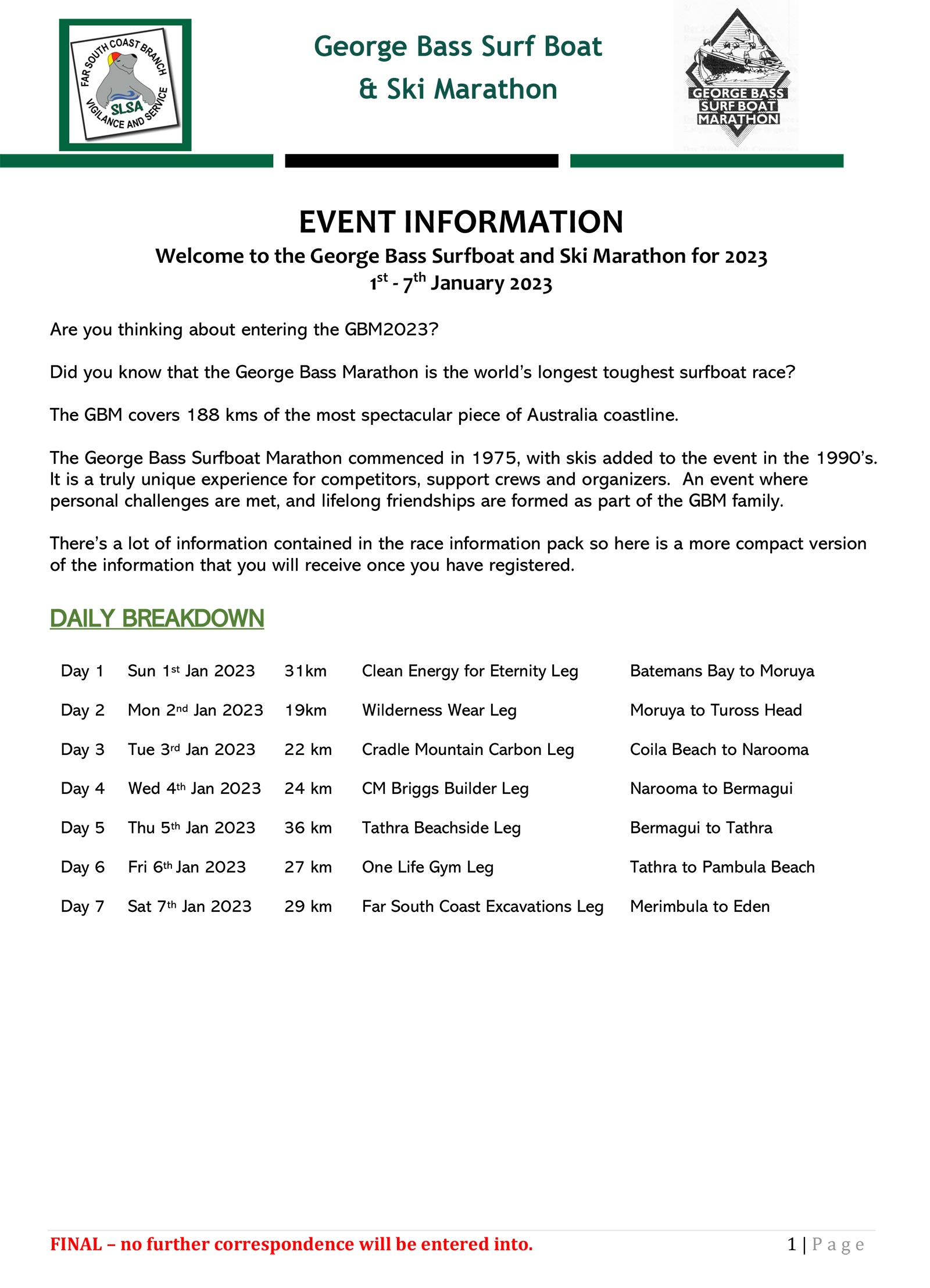 2023 George Bass Marathon Event Information